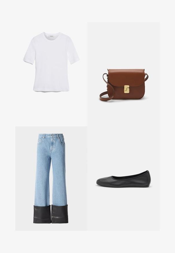Camiseta de manga corta blanca hecha de tela de canalé. Cuello redondo, corte regular y detalles de costura sutiles. Sin patrones ni gráficos.; Jeans de pierna ancha en azul claro con cintura alta y puños de cuero negro en el dobladillo. Presenta costuras clásicas de denim y diseño de cinco bolsillos.; Bailarina de piel negra con punta redondeada, textura suave, detalle de costura minimalista y diseño de suela flexible.; Bolso de mano de cuero marrón con cierre de solapa, herrajes en tono dorado, correa para el hombro y una textura suave. Forma rectangular compacta.