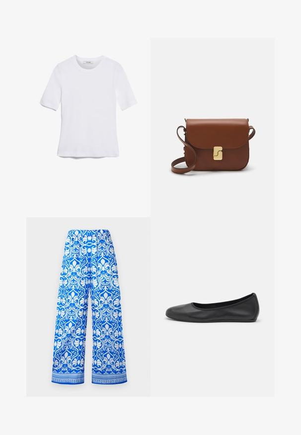 Balta īsām piedurknēm T-krekls, izgatavots no ribota auduma. Apaļš izgriezums, regulāra piegriezuma un diskrēti šuvumu detaļas. Bez printiem vai grafikām.; Zilas un baltas platas bikses ar elastīgu jostu un sarežģītu ziedu damaskas rakstu, ar dekoratīvu apmali tuvu apakšai.; Melna ādas baleta kurpe ar noapaļotu purngalu, gludu tekstūru, minimālu šuvju detalizāciju un elastīgu zoles dizainu.; Bordo ādas rokas soma ar atloku, zeltītām detaļām, plecu siksnu un gludu virsmu. Kompakta, taisnstūrveida forma.