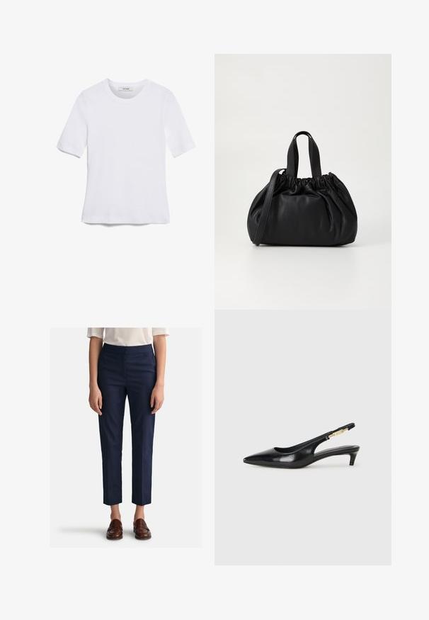 T-shirt de manga curta branca feita de tecido canelado. Decote redondo, ajuste regular e detalhes de costura subtis. Sem padrões ou gráficos.; Calças azul-marinho com corte reto, feitas de tecido suave, apresentando frente lisa e bolsos laterais. Combinadas com mocassins castanhos.; Saltos slingback em couro preto com bico fino, apresentando um salto esguio e um detalhe em tom dourado na alça ajustável. Textura suave.; Bolsa de couro preta com um design de topo franzido, apresentando duas alças curtas e uma alça longa ajustável. Textura suave, formato arredondado.