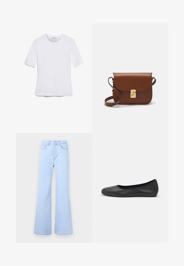 Camiseta de manga corta blanca hecha de tela de canalé. Cuello redondo, corte regular y detalles de costura sutiles. Sin patrones ni gráficos.; Vaqueros acampanados de color azul claro con cintura alta, que cuentan con cinco bolsillos, cierre de botón y una textura suave de mezclilla. El borde está limpiamente cosido.; Bailarina de piel negra con punta redondeada, textura suave, detalle de costura minimalista y diseño de suela flexible.; Bolso de mano de cuero marrón con cierre de solapa, herrajes en tono dorado, correa para el hombro y una textura suave. Forma rectangular compacta.