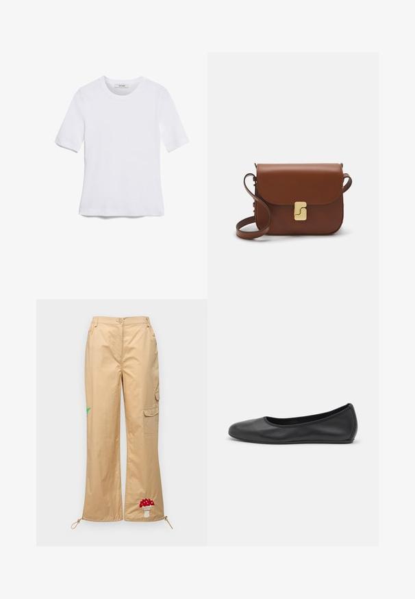 Weißes kurzärmliges T-Shirt aus geripptem Stoff. Runder Halsausschnitt, normale Passform und dezente Nähte. Keine Muster oder Grafiken.; Beige Cargo-Hosen aus glattem Stoff, mit besticktem Pilz und Palmblatt, verstellbarem Saum und seitlichen Taschen.; Schwarze Leder-Ballettschuhe mit abgerundeter Spitze, glatter Textur, minimalen Nähdetails und einem flexiblen Sohlen-Design.; Braune Ledertasche mit Klappenverschluss, Beschlägen in Goldfarbe, einem Schultergurt und einer glatten Oberfläche. Kompakte rechteckige Form.