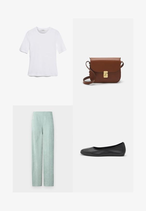 Tricou alb cu mânecă scurtă, confectionat dintr-un material texturat. Gât rotund, tăietură regulară și detalii subtile de cusătură. Fără modele sau grafice.; DRYKORN BEFORE - Pantaloni - blue; Balerini din piele neagră, cu vârf rotund, textură netedă, detalii de cusătură minimale și un design al tălpii flexibil.; Geantă de piele maro cu închidere tip capac, accesorii de culoare aurie, curea de umăr și o textură netedă. Formă compactă și rectangulară.