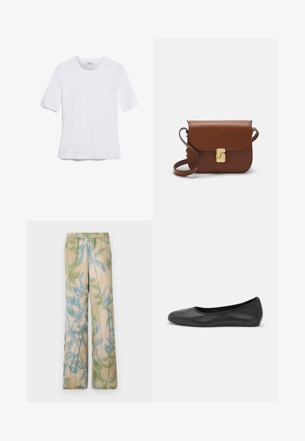 Weißes kurzärmliges T-Shirt aus geripptem Stoff. Runder Halsausschnitt, normale Passform und dezente Nähte. Keine Muster oder Grafiken.; Bequeme, leichte Hosen in Beige mit grünen und blauen Blattdruckmotiven, ausgestattet mit einem elastischen Bund und weit geschnittenen Beinen.; Schwarze Leder-Ballettschuhe mit abgerundeter Spitze, glatter Textur, minimalen Nähdetails und einem flexiblen Sohlen-Design.; Braune Ledertasche mit Klappenverschluss, Beschlägen in Goldfarbe, einem Schultergurt und einer glatten Oberfläche. Kompakte rechteckige Form.