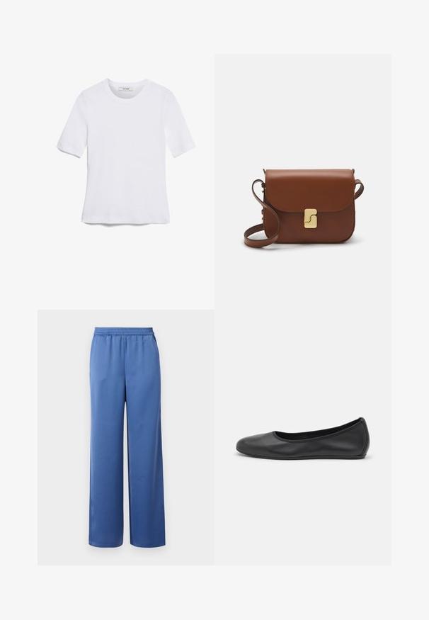 White short-sleeve t-shirt made of ribbed fabric. Round neckline, regular fit, and subtle stitching details. No patterns or graphics.; Blue wide-leg pants with an elastic waistband, made from smooth fabric. Features a straight cut and no visible pockets or embellishments.; Black leather ballet flat with a rounded toe, smooth texture, minimal stitching detail, and a flexible sole design.; Brown leather handbag with a flap closure, gold-tone hardware, a shoulder strap, and a smooth texture. Compact rectangular shape.