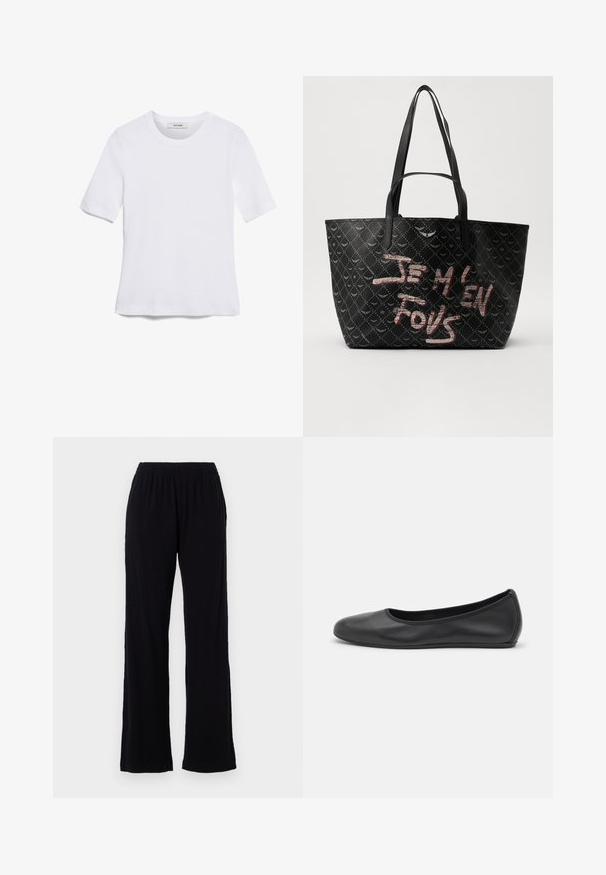 Balta īsām piedurknēm T-krekls, izgatavots no ribota auduma. Apaļš izgriezums, regulāra piegriezuma un diskrēti šuvumu detaļas. Bez printiem vai grafikām.; Melni, viegli, elastīgi bikses ar taisnu kāju dizainu. Mīksta tekstūra bez redzamām rakstiem vai akcentiem. Vienkāršs un daudzpusīgs stils.; Melna ādas baleta kurpe ar noapaļotu purngalu, gludu tekstūru, minimālu šuvju detalizāciju un elastīgu zoles dizainu.; Melna somiņa ar strukturālu materiālu, kas rotāta ar dimanta rakstu, plecu siksnām un drosmīgu sarkanu un baltu tekstu "JE M'EN FOUS."