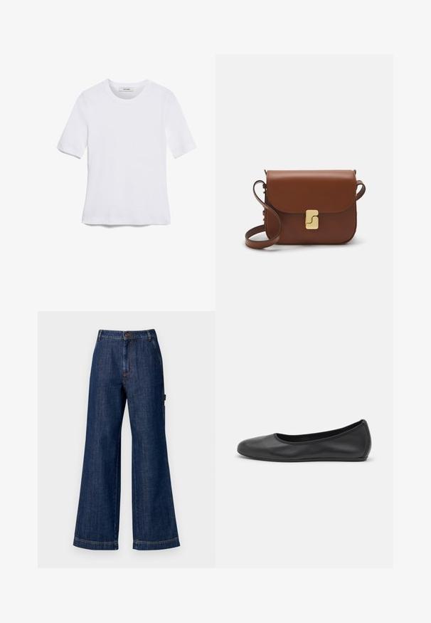 Balta trumpa rankovėmis marškinėliai, pagaminti iš pasiruošusio audinio. Apvali iškirptė, reguliari tinkamumas ir subtilūs siuvimo detalės. Be raštų ar grafikos.; Tamsiai indigo plačios džinsinės kelnės. Su standartiniu juosmeniu su mygtuku, šoninėmis kišenėmis ir tiesiais sijonais. Klasikinis penkių kišenių dizainas.; Juodai odiniai baletai su apvaliu pirštu, lygi texture, minimalus siuvimo detales ir lanksčiu padų dizainu.; Ruda odinė rankinė su uždaromu dangteliu, aukso spalvos detalėmis, petneša ir lygiu paviršiumi. Kompaktiška stačiakampio formos.