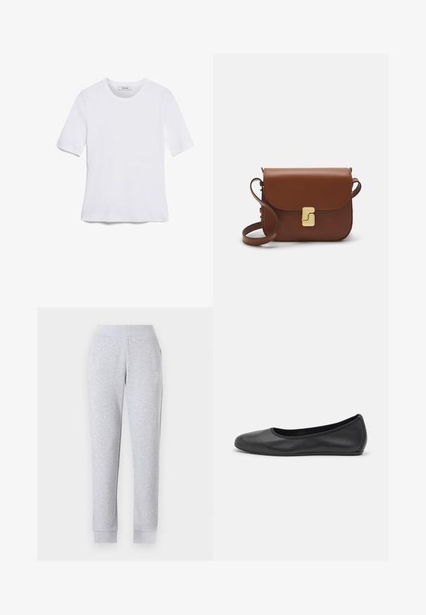 Balta īsām piedurknēm T-krekls, izgatavots no ribota auduma. Apaļš izgriezums, regulāra piegriezuma un diskrēti šuvumu detaļas. Bez printiem vai grafikām.; Pelēki sporta bikses ar sašaurinātu dizainu, elastīgu jostu, ribotiem aprocēm un sānu kabatām. Audums izskatās mīksts un nedaudz tekstūrēts.; Melna ādas baleta kurpe ar noapaļotu purngalu, gludu tekstūru, minimālu šuvju detalizāciju un elastīgu zoles dizainu.; Bordo ādas rokas soma ar atloku, zeltītām detaļām, plecu siksnu un gludu virsmu. Kompakta, taisnstūrveida forma.