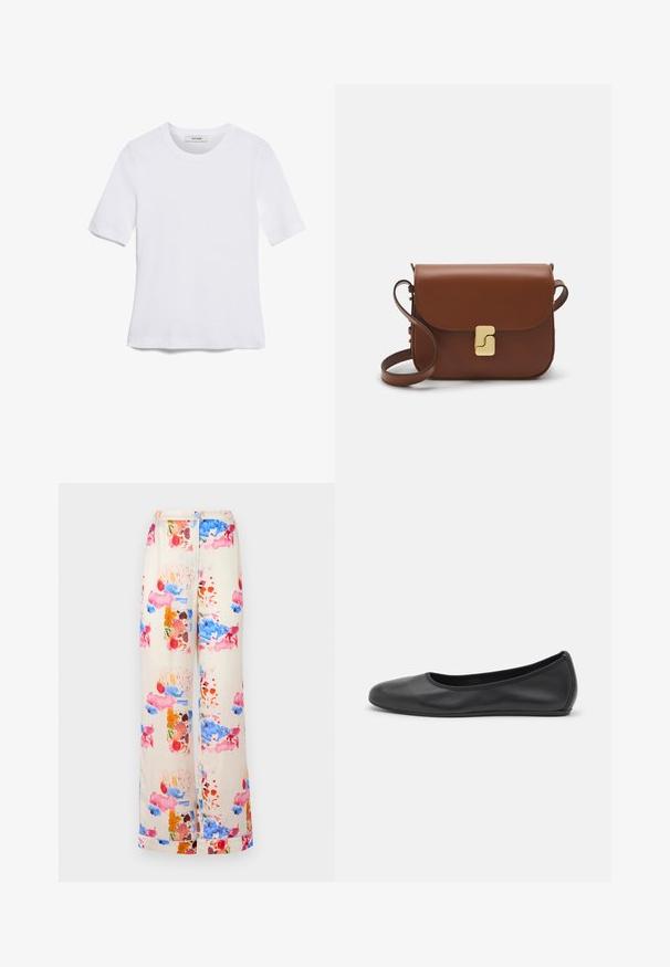 Άσπρο κοντομάνικο μπλουζάκι φτιαγμένο από ριγέ ύφασμα. Στρογγυλή λαιμόκοψη, κανονική εφαρμογή και διακριτές λεπτομέρειες ραφής. Χωρίς σχέδια ή γραφικά.; Πλατύτερα παντελόνια σε κρεμ ύφασμα με πολύχρωμο μοτίβο υδατογραφίας σε ροζ, μπλε και πορτοκαλί λεπτομέρειες. Ελαφριά και αναπνεύσιμα.; Μαύρο δερμάτινο μπαλαρίνι με στρογγυλή μύτη, λεία υφή, ελάχιστες λεπτομέρειες ραφής και σχεδίαση ευέλικτης σόλας.; Καφέ δερμάτινη τσάντα χειρός με κλείσιμο καπάκι, χρυσές λεπτομέρειες, ιμάντα ώμου και λεία υφή. Συμπαγές ορθογώνιο σχήμα.