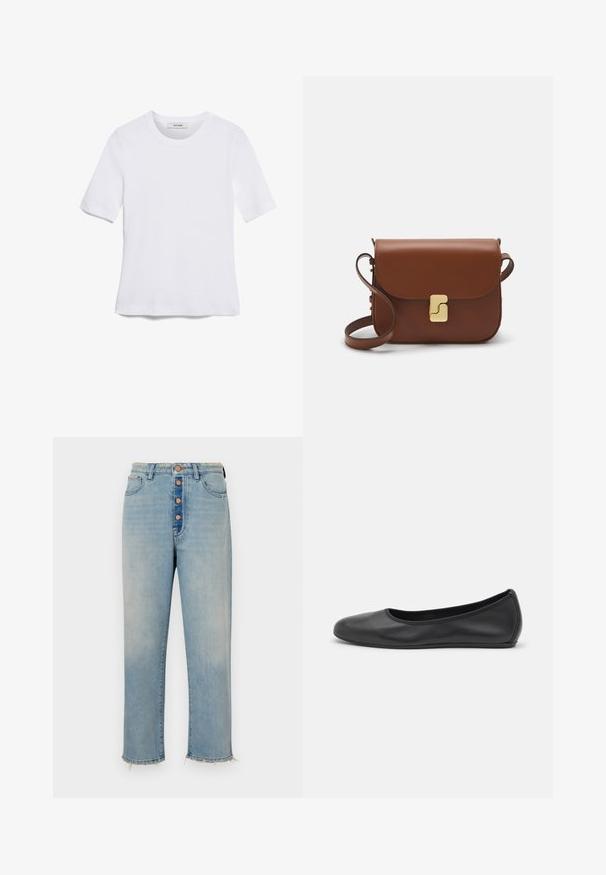 Άσπρο κοντομάνικο μπλουζάκι φτιαγμένο από ριγέ ύφασμα. Στρογγυλή λαιμόκοψη, κανονική εφαρμογή και διακριτές λεπτομέρειες ραφής. Χωρίς σχέδια ή γραφικά.; Ανοιχτό γαλάζια τζιν παντελόνια με ψηλή μέση, πέντε κουμπιά και φθαρμένο στρίφωμα. Διαθέτουν πίσω τσέπες και χαλαρή, ίσια γραμμή.; Μαύρο δερμάτινο μπαλαρίνι με στρογγυλή μύτη, λεία υφή, ελάχιστες λεπτομέρειες ραφής και σχεδίαση ευέλικτης σόλας.; Καφέ δερμάτινη τσάντα χειρός με κλείσιμο καπάκι, χρυσές λεπτομέρειες, ιμάντα ώμου και λεία υφή. Συμπαγές ορθογώνιο σχήμα.