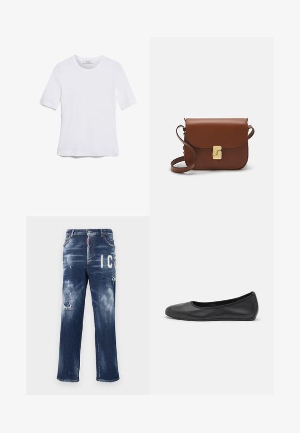 Bijela majica s kratkim rukavima izrađena od rebraste tkanine. Okrugli izrez, klasičan kroj i suptilni detalji šivanja. Bez uzoraka ili grafika.; Tamno plave traperice s izlizanim mrljama, svjetlim mrljama boje i hrabrim bijelim natpisom. Ravnog kroja s klasičnim fitom.; Crne kožne baletanke s zaobljenim vrhom, glatke teksture, minimalnim detaljima šavova i fleksibilnim dizajnom potplata.; Smeđa kožna torba s preklopom, zlatnim detaljima, remenom za nošenje preko ramena i glatkom teksturom. Kompaktni pravokutni oblik.