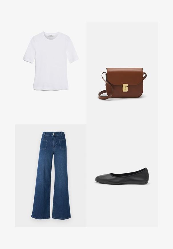 Bela kratka majica s kratkimi rokavi iz rebrastega materiala. Okrogla ovratnica, običajen kroj in subtilni šivi. Brez vzorcev ali grafik.; FRAME PALAZZO BARDOT - Široke hlačnice - thunderstorm; Črne usnjene balerinke z zaobljenim nosom, gladko teksturo, minimalnimi šivi in fleksibilno zasnovo podplata.; Rjava usnjena torbica s poklopcem, zlato obarvani okovi, naramnica in gladka tekstura. Kompaktna pravokotna oblika.