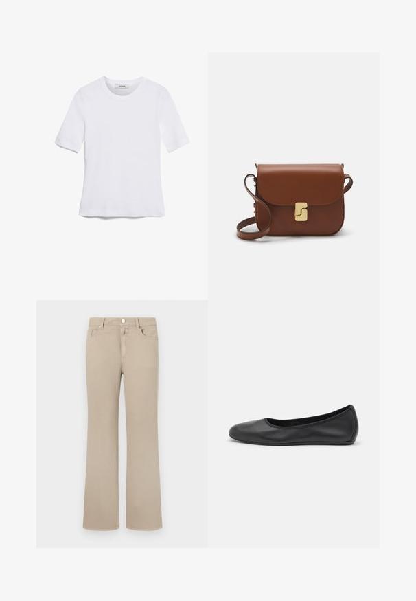 Balta īsām piedurknēm T-krekls, izgatavots no ribota auduma. Apaļš izgriezums, regulāra piegriezuma un diskrēti šuvumu detaļas. Bez printiem vai grafikām.; Bežīgas platās džinsi, kas izgatavoti no mīksta kokvilnas. Funkcijas klasiskā piecu kabatu dizains, pogu aizdare un tīra šuvums gar malām.; Melna ādas baleta kurpe ar noapaļotu purngalu, gludu tekstūru, minimālu šuvju detalizāciju un elastīgu zoles dizainu.; Bordo ādas rokas soma ar atloku, zeltītām detaļām, plecu siksnu un gludu virsmu. Kompakta, taisnstūrveida forma.