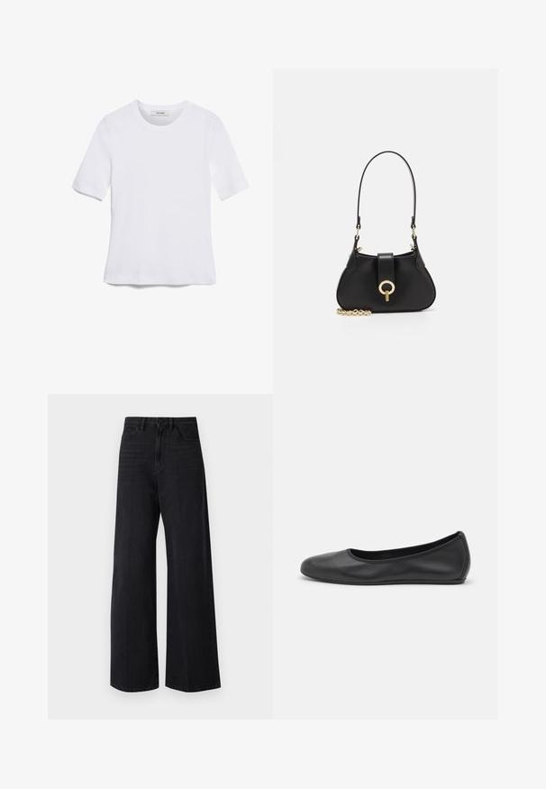 Valge lühikeste varrukatega T-särk ribatud kangast. Ümara kaelusega, tavalisest sobivusest ja peente õmbluse detailidega. Ilma mustrite või graafikateta.; Mustad laiad teksapüksid, valmistatud denimist. Kõrge talje, nupuga kinnitamine ja viis taskut. Sile tekstuur koos kerge pleekimisega jalgade peal.; Musthave mustika tantsutossud mustast nahast, ümmarguse varbaga, siledast tekstuurist, minimaalse õmblusdetailiga ja paindliku tallakujundusega.; sandro JANET - Käekott - noir