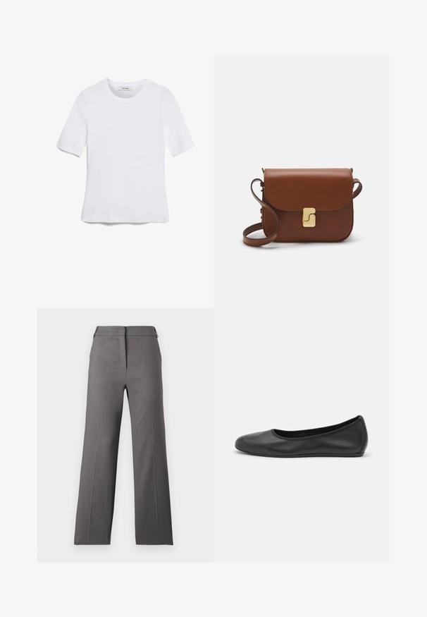 Vit kortärmad t-shirt i ribbat tyg. Rund halsringning, normal passform och diskreta sömdetaljer. Inga mönster eller tryck.; Grå vida byxor med en jämn yta, med platt framstycke, dragkedjestängning och minimala detaljer. Skräddarsydda för en avslappnad passform.; Svart läderballerinaskor med rund tå, slät yta, minimala söm detaljer och en flexibel sula.; Brun läderhandväska med klaffstängning, guldfärgad hårdvara, axelrem och en slät yta. Kompakt rektangulär form.
