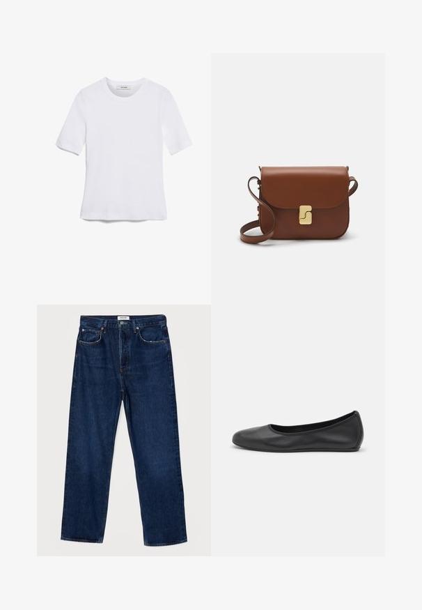 T-shirt blanc à manches courtes en tissu côtelé. Col rond, coupe régulière et détails de couture subtils. Aucune motif ni graphique.; Jean en denim bleu foncé avec taille haute, coupe droite, design à cinq poches et coutures contrastantes. Comprend une fermeture à bouton et des passants de ceinture.; Ballerines en cuir noir avec un bout rond, texture lisse, détails de couture minimalistes et design de semelle flexible.; Sac à main en cuir marron avec une fermeture à rabat, des accents en métal doré, une bandoulière et une texture lisse. Forme rectangulaire compacte.