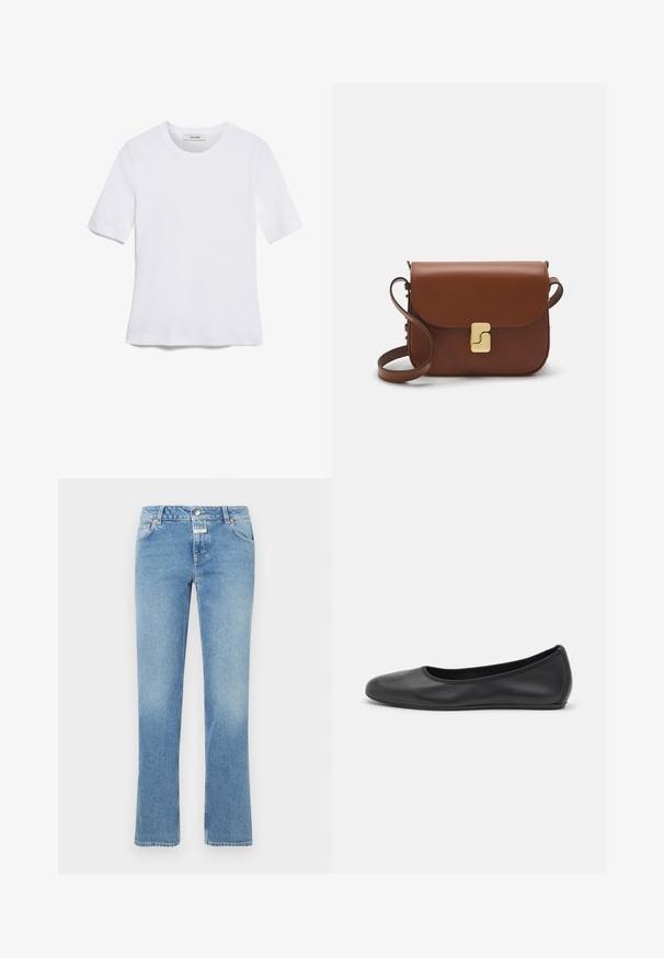 T-shirt de manga curta branca feita de tecido canelado. Decote redondo, ajuste regular e detalhes de costura subtis. Sem padrões ou gráficos.; Jeans de ganga azul com um design de perna reta, cintura de altura média, cinco bolsos e desbotamento subtil por todo o tecido.; Bailarina preta em pele com bico arredondado, textura suave, detalhe de costura minimalista e design de sola flexível.; Bolsa de couro castanho com fecho de aba, decoração em tom dourado, alça de ombro e textura suave. Formato retangular compacto.