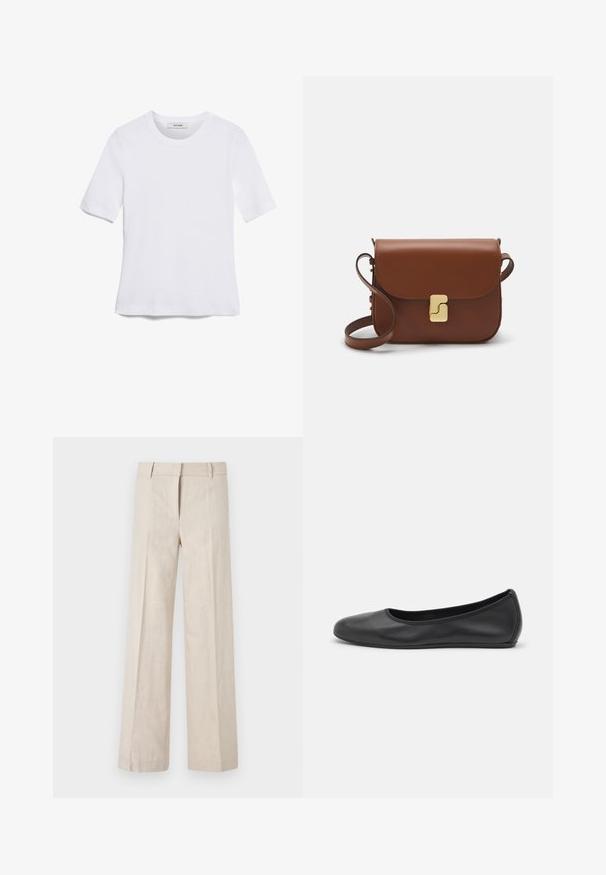 White short-sleeve t-shirt made of ribbed fabric. Round neckline, regular fit, and subtle stitching details. No patterns or graphics.; Beige wide-leg trousers in lightweight fabric, featuring a smooth texture and clean front pleats. The waistband is tailored with belt loops.; Black leather ballet flat with a rounded toe, smooth texture, minimal stitching detail, and a flexible sole design.; Brown leather handbag with a flap closure, gold-tone hardware, a shoulder strap, and a smooth texture. Compact rectangular shape.