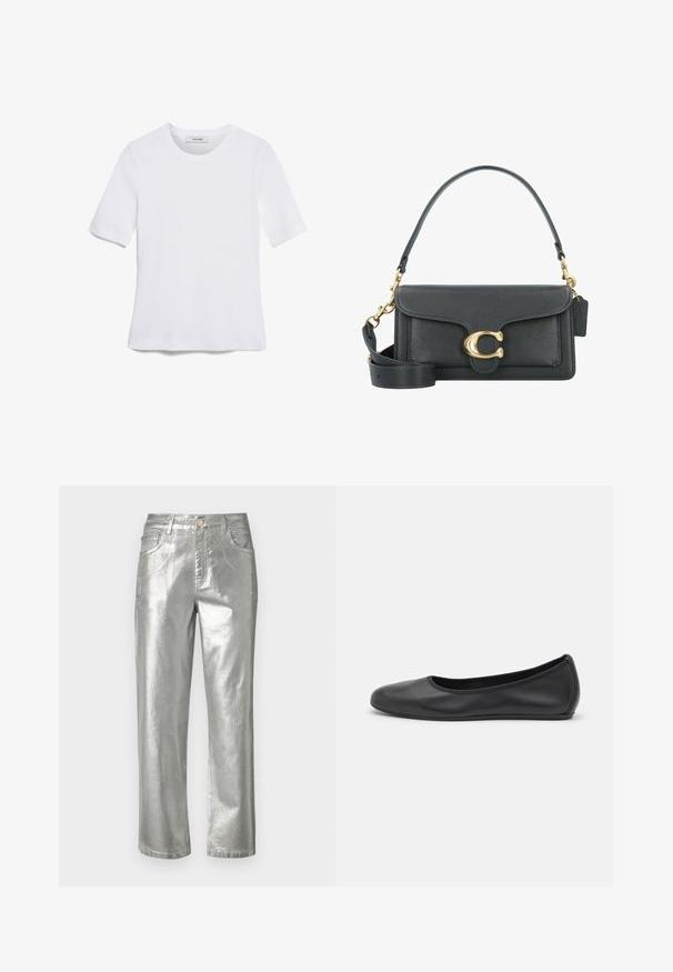 Vit kortärmad t-shirt i ribbat tyg. Rund halsringning, normal passform och diskreta sömdetaljer. Inga mönster eller tryck.; Silverfärgade metalliska jeans med rak benform, femficksdesign, dragkedja och knäppning. Slät textur med en glänsande yta.; Svart läderballerinaskor med rund tå, slät yta, minimala söm detaljer och en flexibel sula.; Svart läderhandväska med guldmetallaccent, försedd med en signaturspänne, avtagbar axelrem och texturerad yta.