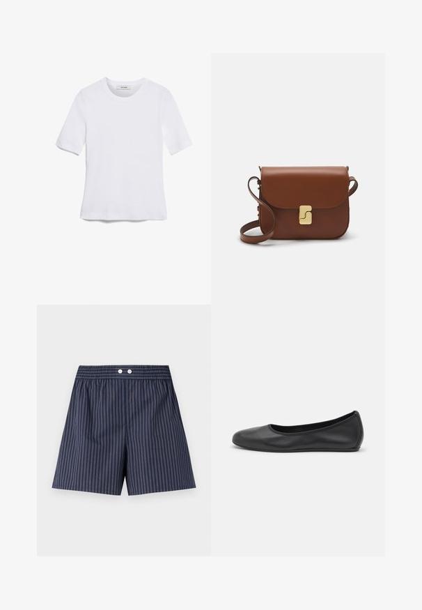 White short-sleeve t-shirt made of ribbed fabric. Round neckline, regular fit, and subtle stitching details. No patterns or graphics.; Navy blue striped shorts with an elastic waistband, featuring two white buttons at the front, made from lightweight fabric.; Black leather ballet flat with a rounded toe, smooth texture, minimal stitching detail, and a flexible sole design.; Brown leather handbag with a flap closure, gold-tone hardware, a shoulder strap, and a smooth texture. Compact rectangular shape.