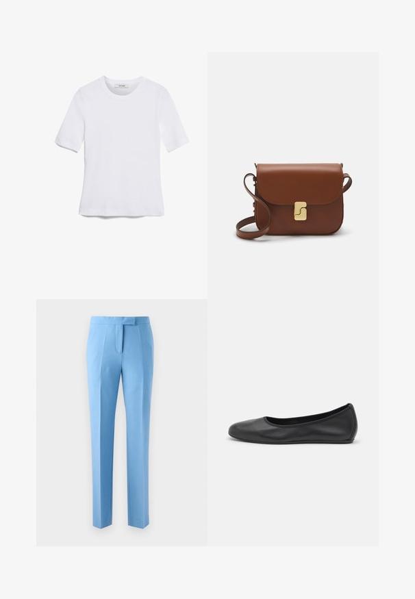 Bela kratka majica s kratkimi rokavi iz rebrastega materiala. Okrogla ovratnica, običajen kroj in subtilni šivi. Brez vzorcev ali grafik.; Svetlo modre hlače s prilagojenim krojem, z ravnim sprednjim delom, stranskimi žepi in gladko teksturo. Oblikovane z čistim, modernim silhuetom.; Črne usnjene balerinke z zaobljenim nosom, gladko teksturo, minimalnimi šivi in fleksibilno zasnovo podplata.; Rjava usnjena torbica s poklopcem, zlato obarvani okovi, naramnica in gladka tekstura. Kompaktna pravokotna oblika.