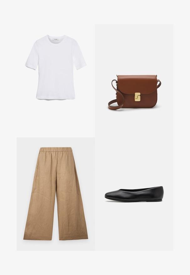 T-shirt blanc à manches courtes en tissu côtelé. Col rond, coupe régulière et détails de couture subtils. Aucune motif ni graphique.; Pantalons larges en lin de couleur marron clair, avec une taille élastique froncée et une finition lisse et texturée.; Paul Smith TOPANGA - Ballerines - black; Sac à main en cuir marron avec une fermeture à rabat, des accents en métal doré, une bandoulière et une texture lisse. Forme rectangulaire compacte.