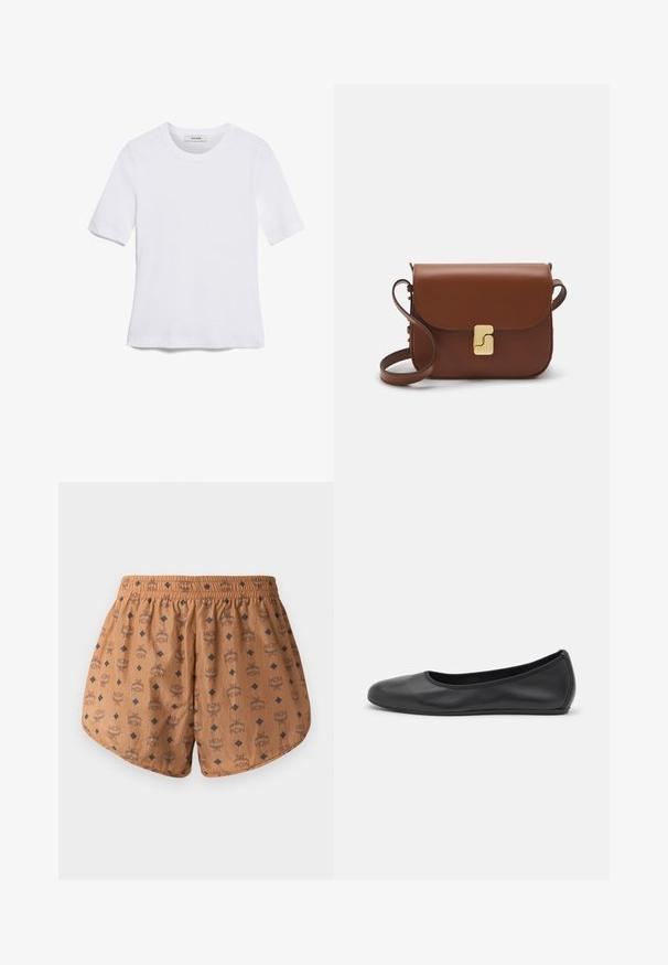 Biela krátka tričko s krátkymi rukávmi vyrobené z rebrovanej látky. Klasický okrúhly výstrih, bežný strih a jemné švy. Bez vzorov alebo grafiky.; Hnedé šortky s celoplošným vzorom loga a tmavo modrými diamantovými akcentmi, elastickým pásom a ľahkou textúrovanou tkaninou.; Čierne kožené baleríny s okrúhlou špičkou, hladkým povrchom, minimálnym prešívaním a flexibilným dizajnom podrážky.; Hnedá kožená kabelka s klopou, zlatými kovovými prvkami, ramenným popruhom a hladkým povrchom. Kompaktný obdĺžnikový tvar.