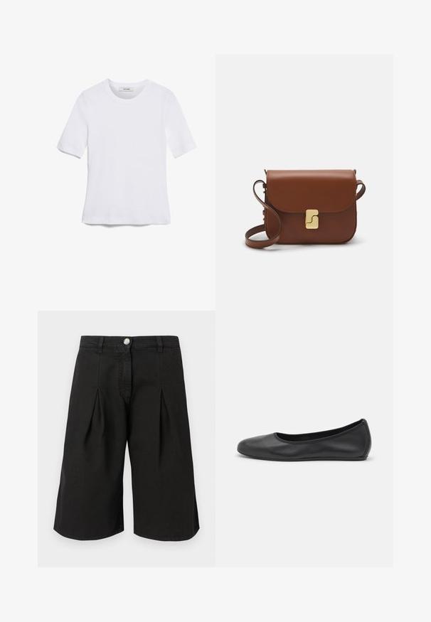 T-shirt bianca a maniche corte realizzata in tessuto a costine. Collo rotondo, vestibilità regolare e dettagli di cucitura sottili. Senza motivi o grafiche.; Pantaloni corti neri fino al ginocchio realizzati in tessuto misto cotone. Presentano plissé, una chiusura frontale con bottone e un design classico della vita.; Pantofole da balletto nere in pelle con punta arrotondata, texture liscia, dettagli di cucitura minimi e design con suola flessibile.; Borsa a tracolla in pelle marrone con chiusura a pattina, hardware color oro, tracolla e una finitura liscia. Forma rettangolare compatta.