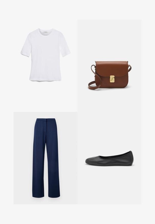 White short-sleeve t-shirt made of ribbed fabric. Round neckline, regular fit, and subtle stitching details. No patterns or graphics.; Navy blue, wide-leg trousers made from soft, stretchy fabric, featuring a smooth waistband and discreet side pockets.; Black leather ballet flat with a rounded toe, smooth texture, minimal stitching detail, and a flexible sole design.; Brown leather handbag with a flap closure, gold-tone hardware, a shoulder strap, and a smooth texture. Compact rectangular shape.