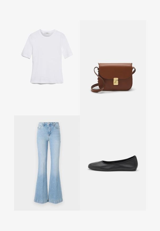 Vit kortärmad t-shirt i ribbat tyg. Rund halsringning, normal passform och diskreta sömdetaljer. Inga mönster eller tryck.; Ljusblå utsvängda jeans i denim med hög midja, framfickor och subtila blekningar samt en ren fåll.; Svart läderballerinaskor med rund tå, slät yta, minimala söm detaljer och en flexibel sula.; Brun läderhandväska med klaffstängning, guldfärgad hårdvara, axelrem och en slät yta. Kompakt rektangulär form.