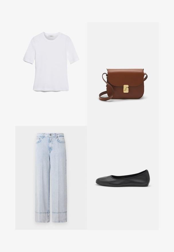 Valge lühikeste varrukatega T-särk ribatud kangast. Ümara kaelusega, tavalisest sobivusest ja peente õmbluse detailidega. Ilma mustrite või graafikateta.; Heledad sinine teksariie laia säärega püksid, millel on kõrge vöökoht. Omab nööbi- ja tõmbluku sulgemist, esimesi taskuid ja toorikuäärist.; Musthave mustika tantsutossud mustast nahast, ümmarguse varbaga, siledast tekstuurist, minimaalse õmblusdetailiga ja paindliku tallakujundusega.; Pruunist nahast käekott, millel on klapiga sulgur, kuldne riistvara, õlarihm ja sile tekstuur. Kompaktne ristkülikukujuline vorm.