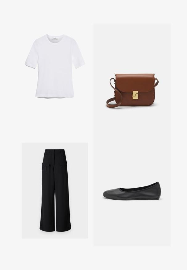 Balta īsām piedurknēm T-krekls, izgatavots no ribota auduma. Apaļš izgriezums, regulāra piegriezuma un diskrēti šuvumu detaļas. Bez printiem vai grafikām.; Melnas platās kājstarpes bikses ar gludu tekstūru, kurām ir divi priekšējie kabatas un divi lieli ievietojamie kabatas sānos.; Melna ādas baleta kurpe ar noapaļotu purngalu, gludu tekstūru, minimālu šuvju detalizāciju un elastīgu zoles dizainu.; Bordo ādas rokas soma ar atloku, zeltītām detaļām, plecu siksnu un gludu virsmu. Kompakta, taisnstūrveida forma.