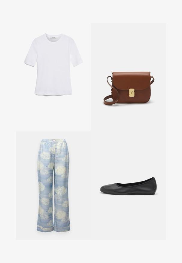 Biała koszulka krótki rękaw wykonana z materiału prążkowanego. Okrągły dekolt, regularny krój i subtelne detale szwów. Bez wzorów ani grafik.; Jasnoniebieskie spodnie szerokie wykonane z lekkiego materiału, z wzorem chmur w delikatnych bieli i subtelnych pastelach, z elastycznym pasem.; Czarne skórzane baletki z zaokrąglonym noskiem, gładką fakturą, minimalnymi przeszyciami i elastycznym designem podeszwy.; Brązowa skórzana torebka na ramię z klapką, złotymi detalami, paskiem na ramię i gładką teksturą. Kompaktowy prostokątny kształt.