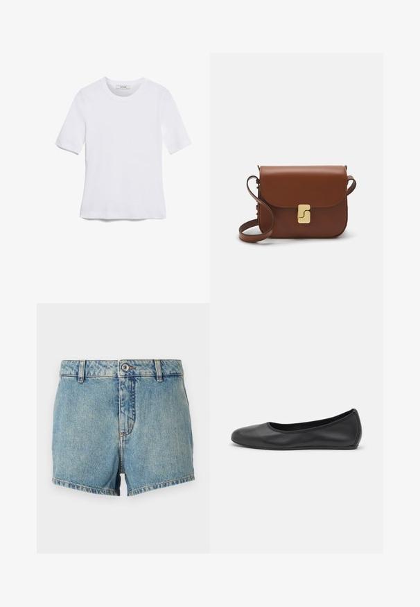 White short-sleeve t-shirt made of ribbed fabric. Round neckline, regular fit, and subtle stitching details. No patterns or graphics.; Denim shorts in light blue with a faded texture, straight cut, and hemmed edges. Features a front button and classic 5-pocket design.; Black leather ballet flat with a rounded toe, smooth texture, minimal stitching detail, and a flexible sole design.; Brown leather handbag with a flap closure, gold-tone hardware, a shoulder strap, and a smooth texture. Compact rectangular shape.