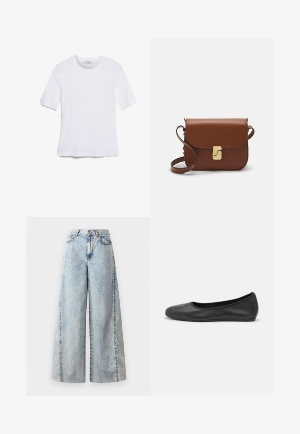 Valge lühikeste varrukatega T-särk ribatud kangast. Ümara kaelusega, tavalisest sobivusest ja peente õmbluse detailidega. Ilma mustrite või graafikateta.; Heled sinised laiad teksad, mis on valmistatud denimist, kontrastsete õmblustega, kõrge vöökohaga ja kahe küljetaskuga. Omab mugavat, la loose sobivust.; Musthave mustika tantsutossud mustast nahast, ümmarguse varbaga, siledast tekstuurist, minimaalse õmblusdetailiga ja paindliku tallakujundusega.; Pruunist nahast käekott, millel on klapiga sulgur, kuldne riistvara, õlarihm ja sile tekstuur. Kompaktne ristkülikukujuline vorm.