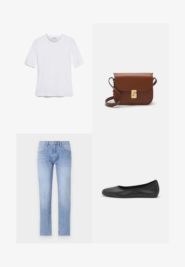 Bela kratka majica s kratkimi rokavi iz rebrastega materiala. Okrogla ovratnica, običajen kroj in subtilni šivi. Brez vzorcev ali grafik.; Svetlo modri kavbojke z ravnim krojem, petimi žepi in svetlim pranjem. Imajo gumb za zapiranje in standardne zanke za pas.; Črne usnjene balerinke z zaobljenim nosom, gladko teksturo, minimalnimi šivi in fleksibilno zasnovo podplata.; Rjava usnjena torbica s poklopcem, zlato obarvani okovi, naramnica in gladka tekstura. Kompaktna pravokotna oblika.