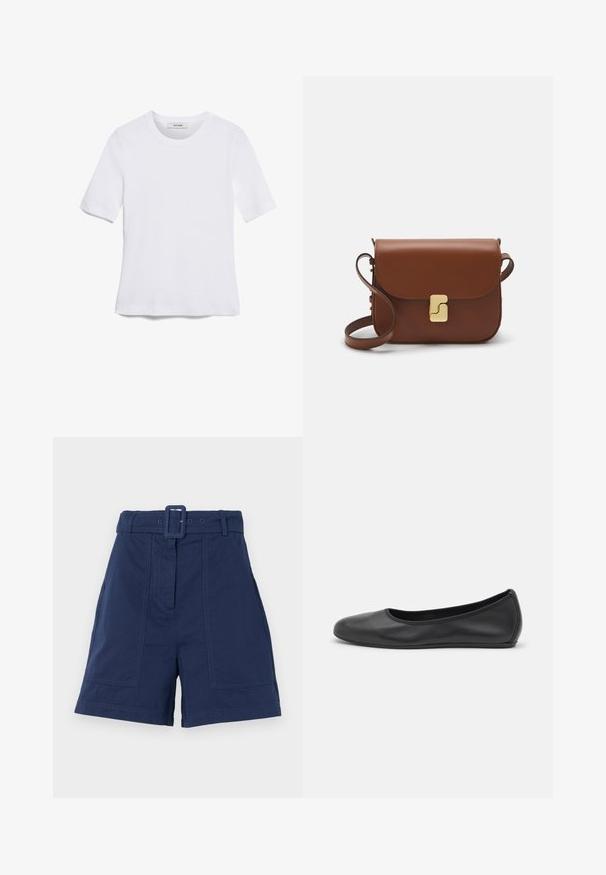 Biela krátka tričko s krátkymi rukávmi vyrobené z rebrovanej látky. Klasický okrúhly výstrih, bežný strih a jemné švy. Bez vzorov alebo grafiky.; Tmavomodré šortky z bavlny, s širokým opaskom so štvorcovou prackou, dvoma prednými vreckami a upraveným strihom s jemným záhybom.; Čierne kožené baleríny s okrúhlou špičkou, hladkým povrchom, minimálnym prešívaním a flexibilným dizajnom podrážky.; Hnedá kožená kabelka s klopou, zlatými kovovými prvkami, ramenným popruhom a hladkým povrchom. Kompaktný obdĺžnikový tvar.