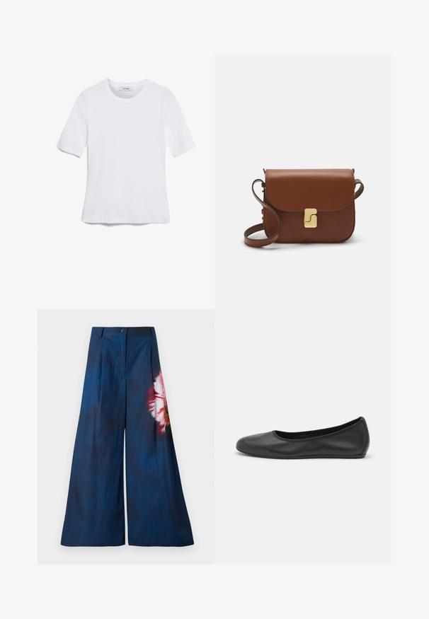 Bela kratka majica s kratkimi rokavi iz rebrastega materiala. Okrogla ovratnica, običajen kroj in subtilni šivi. Brez vzorcev ali grafik.; Široke hlače v temno modri tkanini, ki imajo rožnati in rumeni cvetlični vzorec na eni strani, z gumbom za zapiranje v predelu pasu.; Črne usnjene balerinke z zaobljenim nosom, gladko teksturo, minimalnimi šivi in fleksibilno zasnovo podplata.; Rjava usnjena torbica s poklopcem, zlato obarvani okovi, naramnica in gladka tekstura. Kompaktna pravokotna oblika.