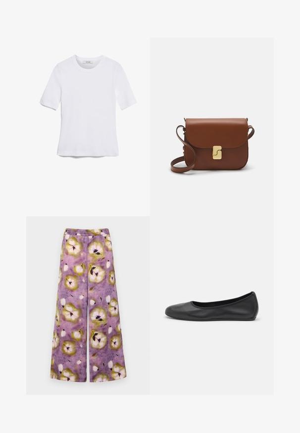 White short-sleeve t-shirt made of ribbed fabric. Round neckline, regular fit, and subtle stitching details. No patterns or graphics.; MAX&Co. ACRUX - Trousers - lila; Black leather ballet flat with a rounded toe, smooth texture, minimal stitching detail, and a flexible sole design.; Brown leather handbag with a flap closure, gold-tone hardware, a shoulder strap, and a smooth texture. Compact rectangular shape.
