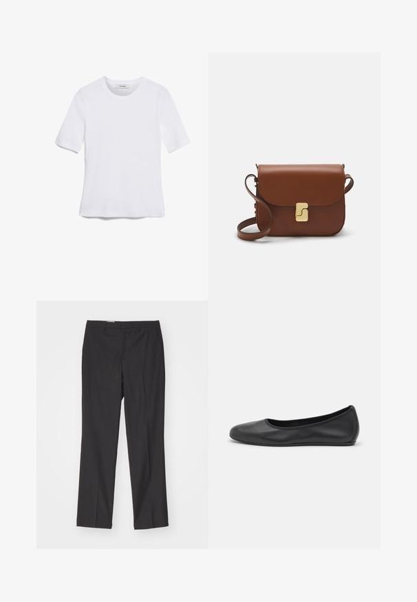 Balta trumpa rankovėmis marškinėliai, pagaminti iš pasiruošusio audinio. Apvali iškirptė, reguliari tinkamumas ir subtilūs siuvimo detalės. Be raštų ar grafikos.; Juodos pritaikytos kelnės su tiesiu kirpimu, turinčios diržo kilpas ir lygų tekstūrą, pagamintos iš lengvos medžiagos.; Juodai odiniai baletai su apvaliu pirštu, lygi texture, minimalus siuvimo detales ir lanksčiu padų dizainu.; Ruda odinė rankinė su uždaromu dangteliu, aukso spalvos detalėmis, petneša ir lygiu paviršiumi. Kompaktiška stačiakampio formos.