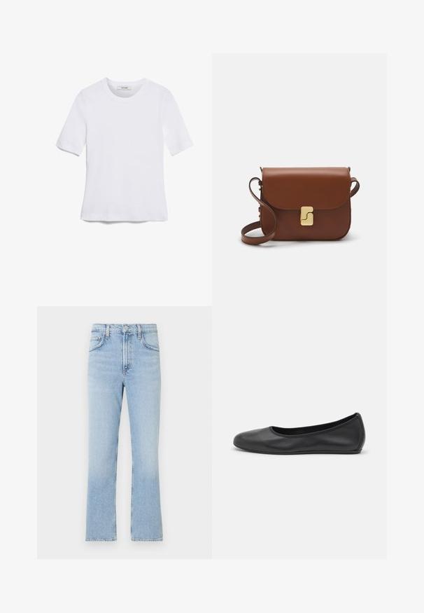 Bílá tričko s krátkým rukávem vyrobené z žebrované tkaniny. Kulatý výstřih, normální střih a jemné detaily šití. Bez vzorů nebo grafik.; Světle modré džíny z denimu se rovnými nohavicemi, vysokým pasem a jemně vybledlým vzhledem. Obsahují klasický design s pěti kapsami a zipový poklopec.; Černé kožené baletní byty s kulatou špičkou, hladkou texturou, minimálními švy a flexibilním designem podrážky.; Hnědá kožená kabelka s klopou, zlatými kovovými detaily, ramenním popruhem a hladkým povrchem. Kompaktní obdélníkový tvar.