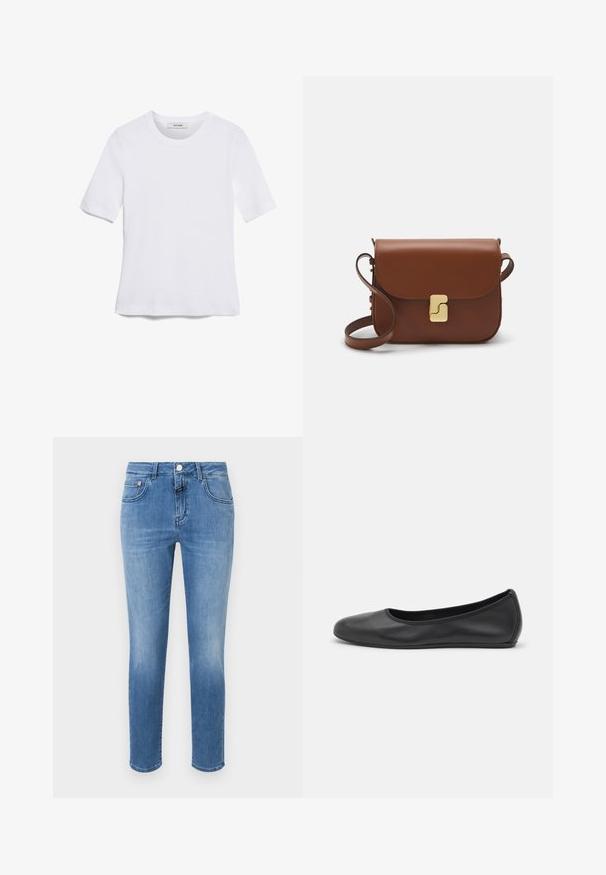 Bela kratka majica s kratkimi rokavi iz rebrastega materiala. Okrogla ovratnica, običajen kroj in subtilni šivi. Brez vzorcev ali grafik.; Svetlo modri džins hlače z rednim krojem, ravnimi nogavicami, petimi žepi in kovinskim gumbom za zapiranje na pasu.; Črne usnjene balerinke z zaobljenim nosom, gladko teksturo, minimalnimi šivi in fleksibilno zasnovo podplata.; Rjava usnjena torbica s poklopcem, zlato obarvani okovi, naramnica in gladka tekstura. Kompaktna pravokotna oblika.