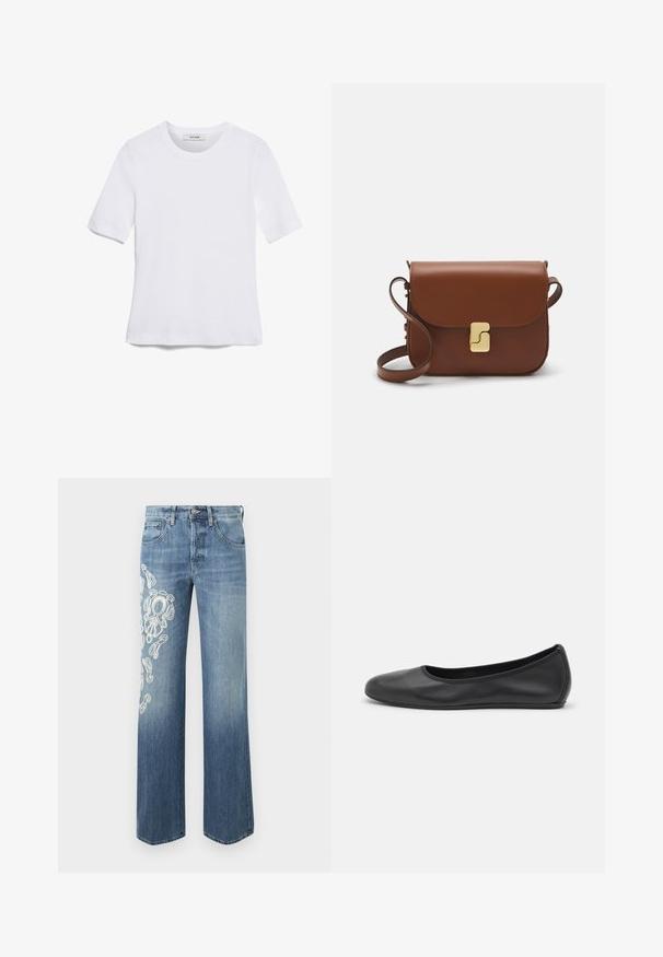 White short-sleeve t-shirt made of ribbed fabric. Round neckline, regular fit, and subtle stitching details. No patterns or graphics.; Light blue denim jeans with a relaxed fit, featuring white embroidered swirls on the left leg. Straight leg and classic five-pocket design.; Black leather ballet flat with a rounded toe, smooth texture, minimal stitching detail, and a flexible sole design.; Brown leather handbag with a flap closure, gold-tone hardware, a shoulder strap, and a smooth texture. Compact rectangular shape.