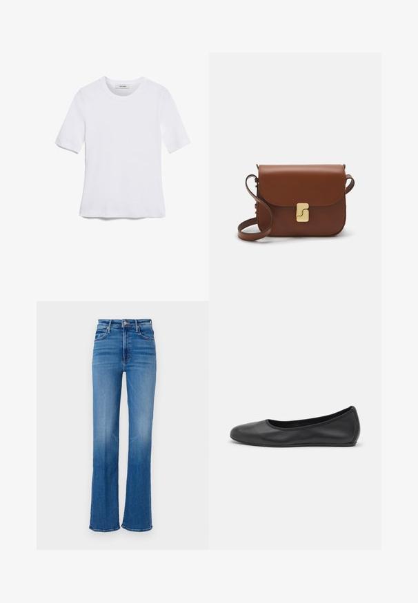 Camiseta de manga corta blanca hecha de tela de canalé. Cuello redondo, corte regular y detalles de costura sutiles. Sin patrones ni gráficos.; Jeans de mezclilla azul de corte acampanado con cintura alta, que cuentan con cierre de botón, diseño de cinco bolsillos y un degradado de lavado de claro a oscuro.; Bailarina de piel negra con punta redondeada, textura suave, detalle de costura minimalista y diseño de suela flexible.; Bolso de mano de cuero marrón con cierre de solapa, herrajes en tono dorado, correa para el hombro y una textura suave. Forma rectangular compacta.