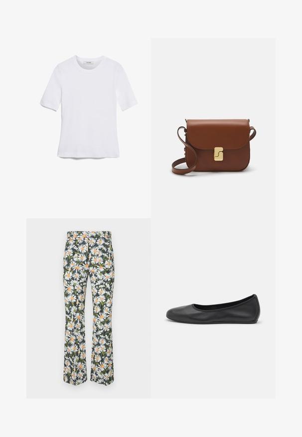 Fehér, rövid ujjú póló ribbed anyagból. Kerek nyakkivágás, normál szabás és diszkrét varrási részletek. Nincsenek minták vagy grafikák.; Fellő nadrág virágmintázattal, fehér margarétákkal, narancssárga középpel, sötét háttéren. Könnyű anyagból készült.; Fekete bőr balettcipő lekerekített orral, sima tekstúrával, minimális varrással és rugalmas talp kialakítással.; Barna bőr kézitáska, hajtókás zárással, arany színű fém kiegészítőkkel, vállpánttal és sima felülettel. Kompakt téglalap alakú.