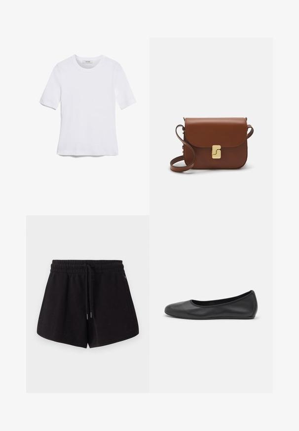 Tricou alb cu mânecă scurtă, confectionat dintr-un material texturat. Gât rotund, tăietură regulară și detalii subtile de cusătură. Fără modele sau grafice.; Shorts de sport negri din material moale. Au un tiv elastic cu siret, buzunare laterale și o croială lejeră.; Balerini din piele neagră, cu vârf rotund, textură netedă, detalii de cusătură minimale și un design al tălpii flexibil.; Geantă de piele maro cu închidere tip capac, accesorii de culoare aurie, curea de umăr și o textură netedă. Formă compactă și rectangulară.