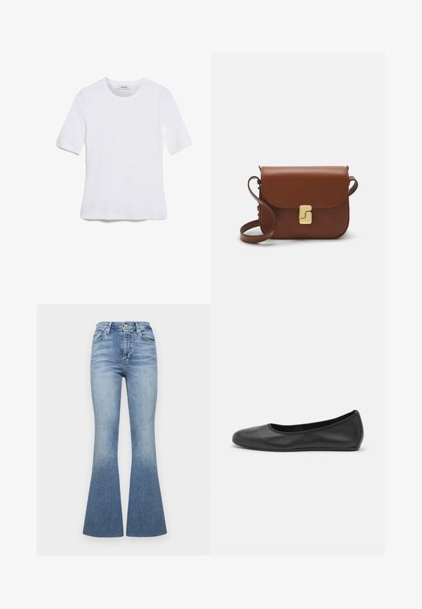 T-shirt bianca a maniche corte realizzata in tessuto a costine. Collo rotondo, vestibilità regolare e dettagli di cucitura sottili. Senza motivi o grafiche.; Jeans a vita alta a zampa d'elefante in denim blu chiaro con effetto sfumato. Presentano cinque tasche e una chiusura con bottone frontale.; Pantofole da balletto nere in pelle con punta arrotondata, texture liscia, dettagli di cucitura minimi e design con suola flessibile.; Borsa a tracolla in pelle marrone con chiusura a pattina, hardware color oro, tracolla e una finitura liscia. Forma rettangolare compatta.