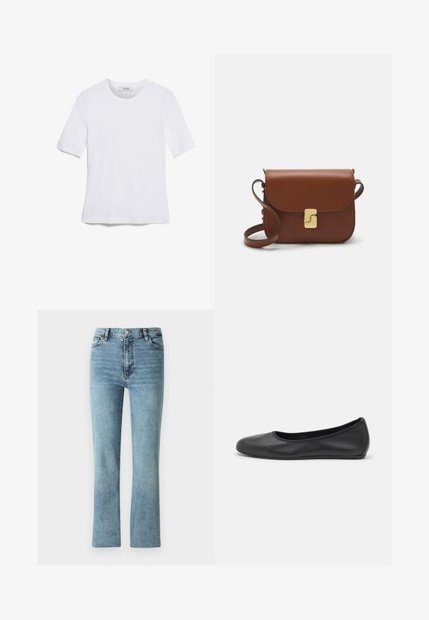 Valge lühikeste varrukatega T-särk ribatud kangast. Ümara kaelusega, tavalisest sobivusest ja peente õmbluse detailidega. Ilma mustrite või graafikateta.; Heledad sinine teksapüksid otse jala disainiga, kõrge vöökoht ja peene kulumine. Omab klassikalist viit taskut ja metallist tarvikuid.; Musthave mustika tantsutossud mustast nahast, ümmarguse varbaga, siledast tekstuurist, minimaalse õmblusdetailiga ja paindliku tallakujundusega.; Pruunist nahast käekott, millel on klapiga sulgur, kuldne riistvara, õlarihm ja sile tekstuur. Kompaktne ristkülikukujuline vorm.