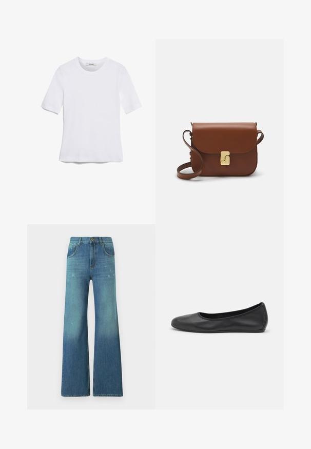 Balta trumpa rankovėmis marškinėliai, pagaminti iš pasiruošusio audinio. Apvali iškirptė, reguliari tinkamumas ir subtilūs siuvimo detalės. Be raštų ar grafikos.; Plati mėlynos džinsinės kelnės su šviesiu plovimu, su penkių kišenių dizainu, užtrauktuku ir variniu mygtuku juosmens srityje.; Juodai odiniai baletai su apvaliu pirštu, lygi texture, minimalus siuvimo detales ir lanksčiu padų dizainu.; Ruda odinė rankinė su uždaromu dangteliu, aukso spalvos detalėmis, petneša ir lygiu paviršiumi. Kompaktiška stačiakampio formos.