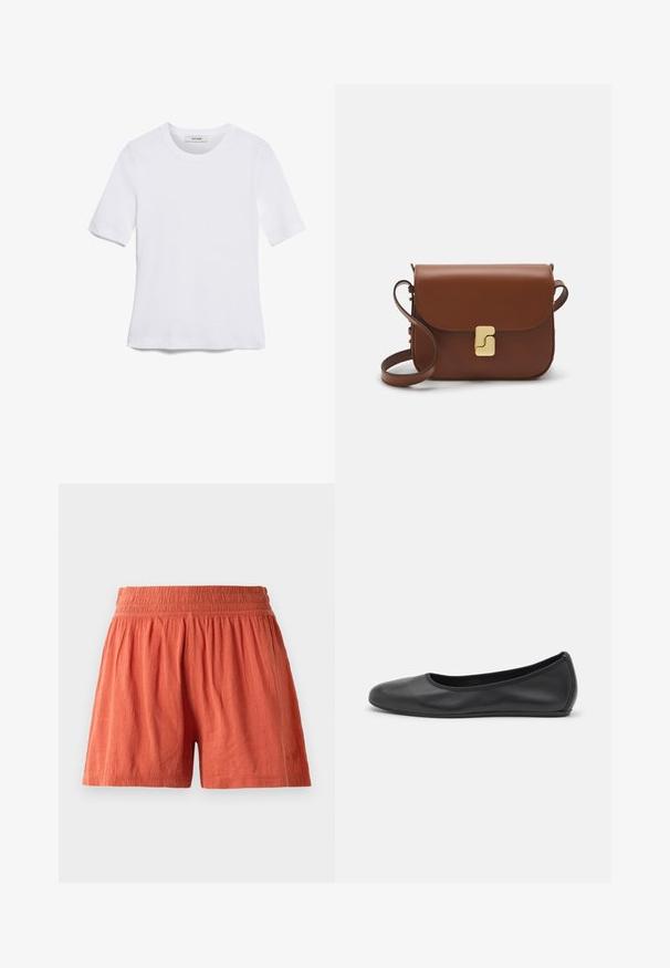 T-shirt de manga curta branca feita de tecido canelado. Decote redondo, ajuste regular e detalhes de costura subtis. Sem padrões ou gráficos.; Calções terracota com um cós elástico, feitos de um tecido texturizado, apresentam um corte solto e uma marcação subtil na bainha.; Bailarina preta em pele com bico arredondado, textura suave, detalhe de costura minimalista e design de sola flexível.; Bolsa de couro castanho com fecho de aba, decoração em tom dourado, alça de ombro e textura suave. Formato retangular compacto.