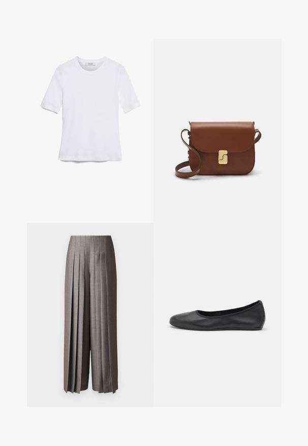 White short-sleeve t-shirt made of ribbed fabric. Round neckline, regular fit, and subtle stitching details. No patterns or graphics.; Gray wide-leg trousers with vertical pleats, tailored design, and a smooth texture. Features a high waist and a loose fit.; Black leather ballet flat with a rounded toe, smooth texture, minimal stitching detail, and a flexible sole design.; Brown leather handbag with a flap closure, gold-tone hardware, a shoulder strap, and a smooth texture. Compact rectangular shape.